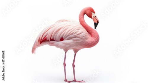 White Pink Flamingo curled heart shaped neck and standing posture, legs close, raise one leg, Isolated on white background. This has clipping path. © HN Works