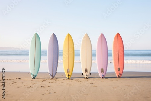 Row of pastel multicolored surfboards on the beach © Denis
