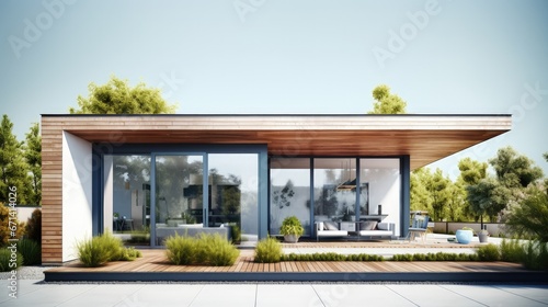 Window roller illustration - modern house with terrace, 3D illustration