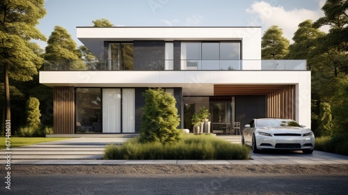 3d rendering of white luxury house with garage and garden, Modern architecture design.