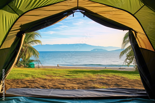 Open tent with a view of the beach , Travel concept