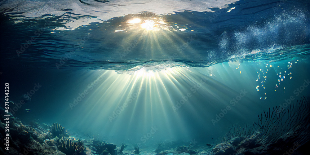 Underwater world; the sun's rays illuminate the seabed through the water. AI generated.