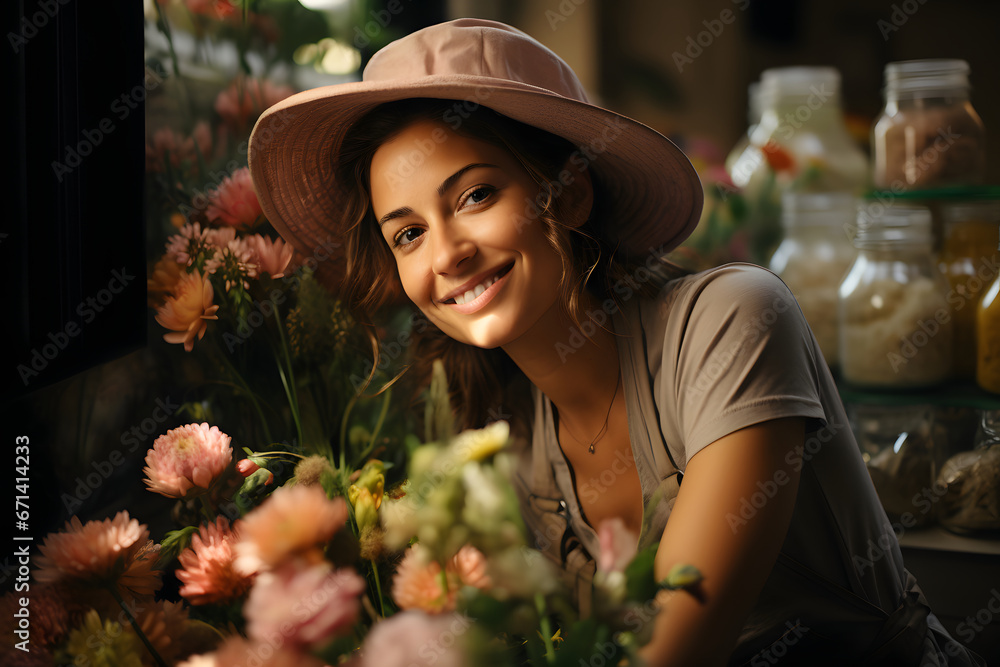 Candid woman, surrounded by buckets of fresh flowers.