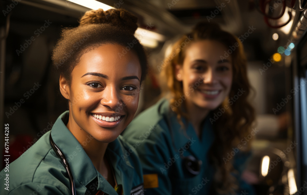 Group of paramedic staff posing for photo in ambulance. Group portrait. Medical staff concept. Group of paramedic staff posing for photo in ambulance. Group portrait. Medical staff concept.