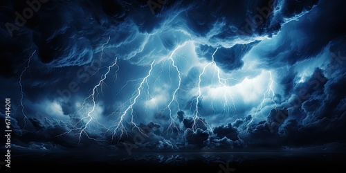 Bright lightning that lit up the dark night sky during an electrical storm. Thunderstorm concept by Generative AI photo