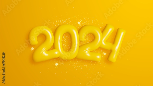 The festive and celebratory design features yellow balloons with the number 2024 surrounded by yellow sparkles. Perfect for New Year's Eve celebrations and party invitations.