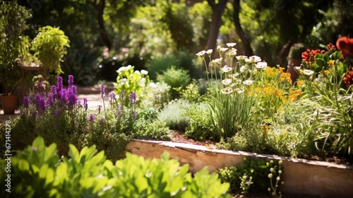 A vibrant herb garden with various aromatic plants, releasing their fragrance in the warm sun. © Ahmad