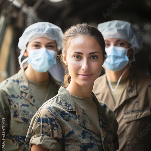 Army medics posing in medical tent on battlefield during war. Medical staff concept. photo