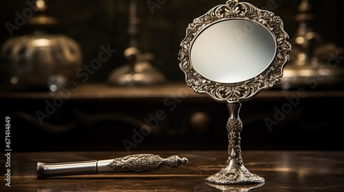 A vintage hand mirror with an engraved handle, its aged beauty in focus, placed gracefully on a radiant white stage. photo