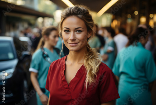 Portrait of young nurse. Smiling at camera outside of hospital. Medical staff concept. © Allistair/Peopleimages - AI