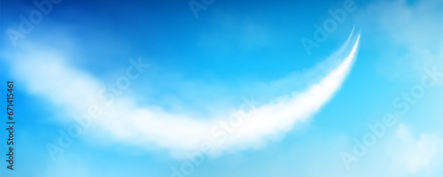 White smoke trail from airplane or rocket in blue sky. Realistic vector illustration of upward curving line of steam in air from plane takeoff. Vapor from aviation or jet with motion effect.