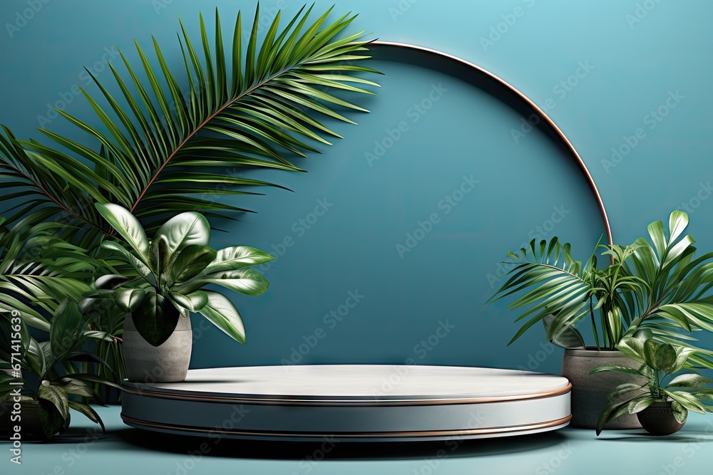 3D render of blue background with tropical leaves and podiums, 8k by Generative AI