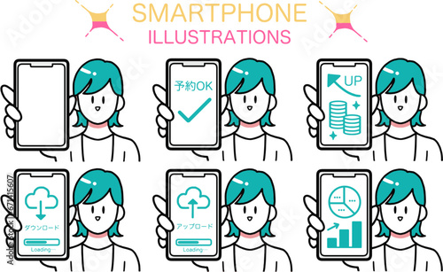 スマホの画面を見せる消費者の女性のイラスト素材セット