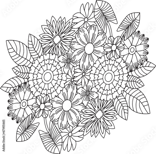Floral Flower Bouquet Adult Coloring Page Meditation Stress-Free Intricate Coloring Page Botanical