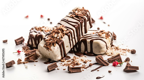 A row of chocolate ice creams with chocolate and nuts on them. photo