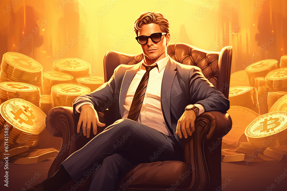 wealthy businessman sitting on a chair surrounded by bitcoin - crypto millionaire