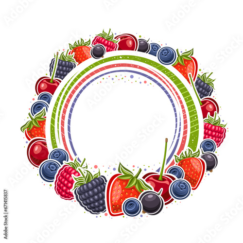 Vector frame for Berries with copy space for ad text, decorative layout with illustration of forest sweet strawberry, sour cherry berry, juicy blackberries, many assorted berries on white background