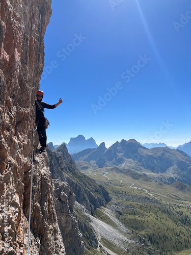 Alpine Climbing in the Dolomites Italy Rock Ropes blue sky