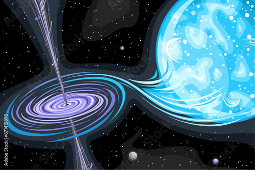 Vector illustration of Black Hole, astronomical horizontal poster with rotating black hole absorbing supermassive white star in deep space, decorative cosmic print with black starry space background
