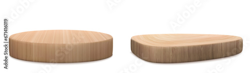 3D wooden podiums set isolated on white background. Vector realistic illustration of natural wood platforms for cosmetic products presentation, round and abstract shape stage, dish for serving sushi