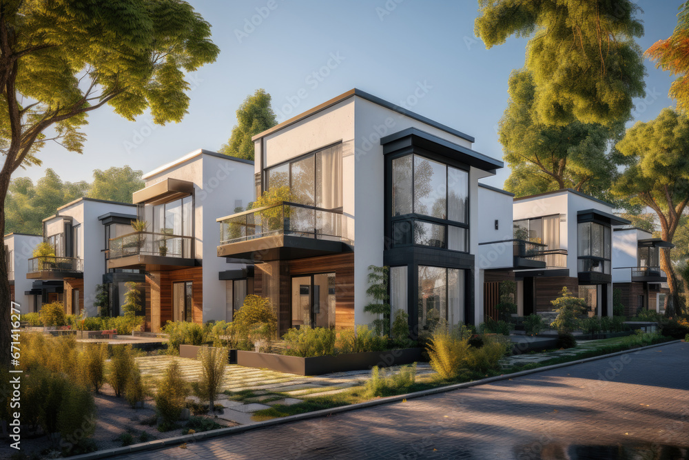 Street with modern modular private townhouses. Exterior view of residential architecture.