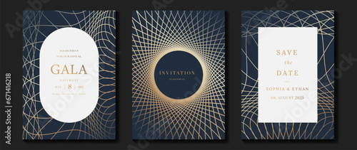 Luxury invitation card background vector. Golden elegant geometric shape, rose gold line gradient on dark blue background. Premium design illustration for gala, grand opening, party, wedding.