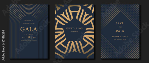 Luxury invitation card background vector. Golden elegant geometric shape, gold lines gradient on dark blue background. Premium design illustration for gala, grand opening, party invitation, wedding.