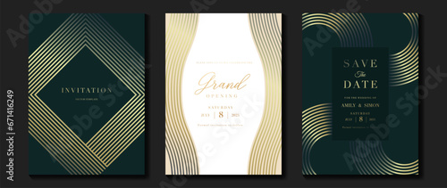 Luxury invitation card background vector. Golden elegant geometric shape, gold line gradient on dark green and light background. Premium design illustration for gala, grand opening, party, wedding.