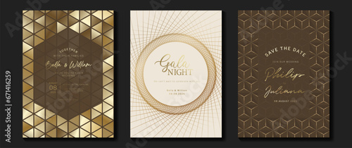 Luxury invitation card background vector. Golden elegant geometric shape, gold line gradient on brown and light background. Premium design illustration for gala card, grand opening, party, wedding.