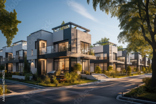 Street with modern modular private townhouses. Exterior view of residential architecture. © Dinara