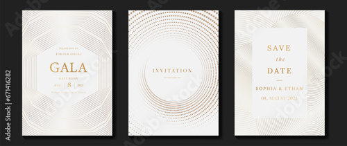 Luxury invitation card background vector. Golden elegant geometric shape, gold line and spot gradient on light background. Premium design illustration for gala card, grand opening, party, wedding.
