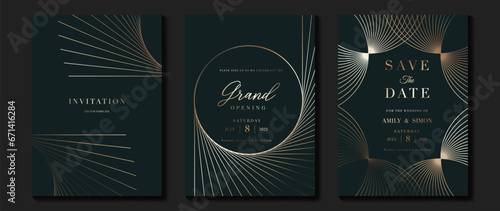 Luxury invitation card background vector. Golden elegant geometric shape, rose gold line gradient on dark background. Premium design illustration for gala card, grand opening, party, wedding.