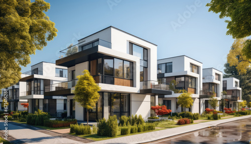 Street with modern modular private townhouses. Exterior view of residential architecture. © Dinara