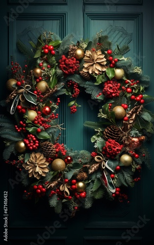 Christmas wreath with berries  cones and holly on green door