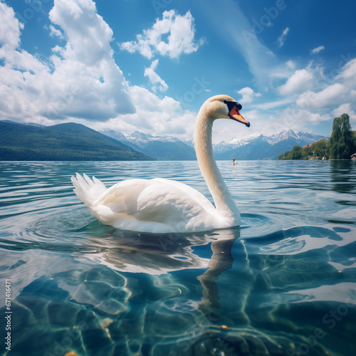 a beautiful white swan swims in the calm blue waters of the lake