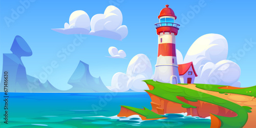 Lighthouse on rocky coast of ocean or sea. Summer sunny cartoon landscape of seashore with light beacon tower on cliff with green grass, calm water, blue sky with cloud - vector panoramic illustration