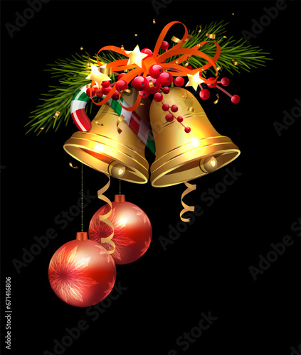 Isolated golden Christmas bells with balls and bow.