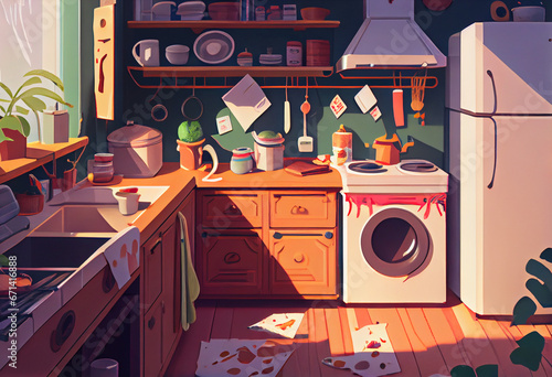 Very dirty kitchen interior, abstract illustration. AI generated.