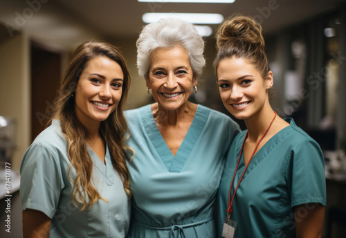 Young nurses posing with senior patient. Senior care. Medical concept.