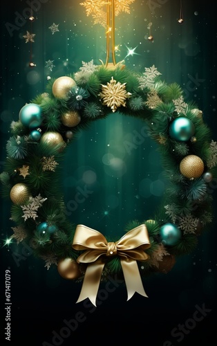 Christmas wreath with fir branches and decorations on a dark background.