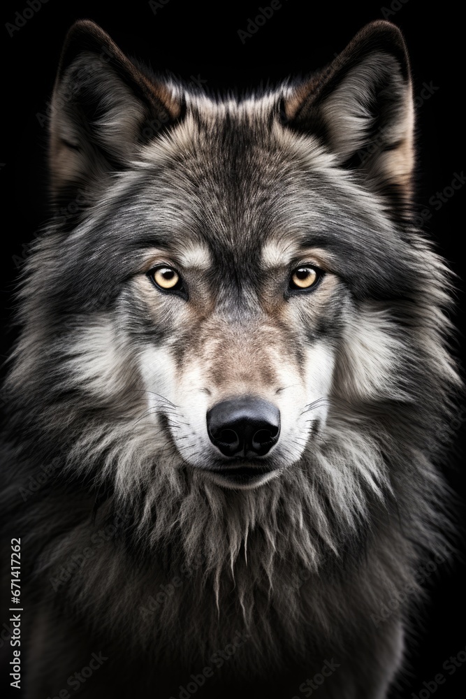 wolf - closeup portrait isolated on black background
