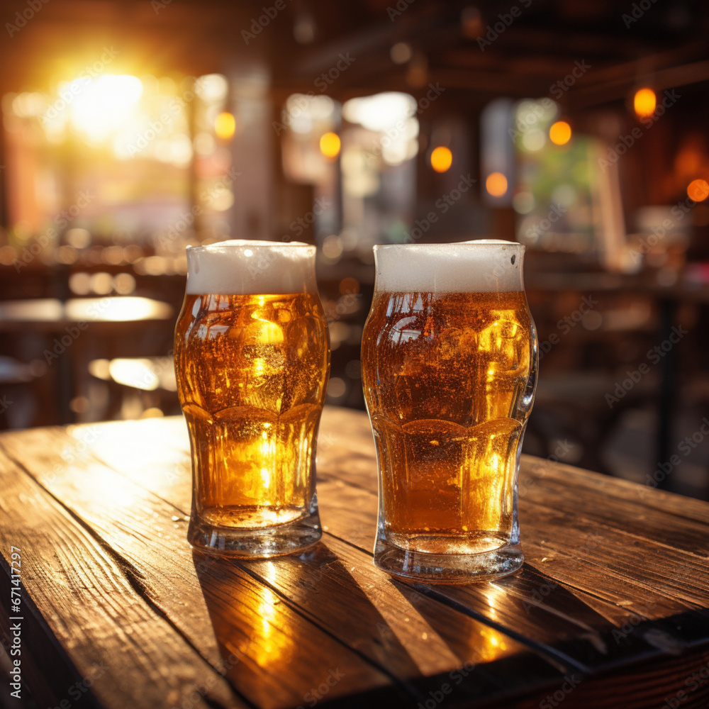 Two glasses of beer on a wooden table in a pub or bar,Generative AI