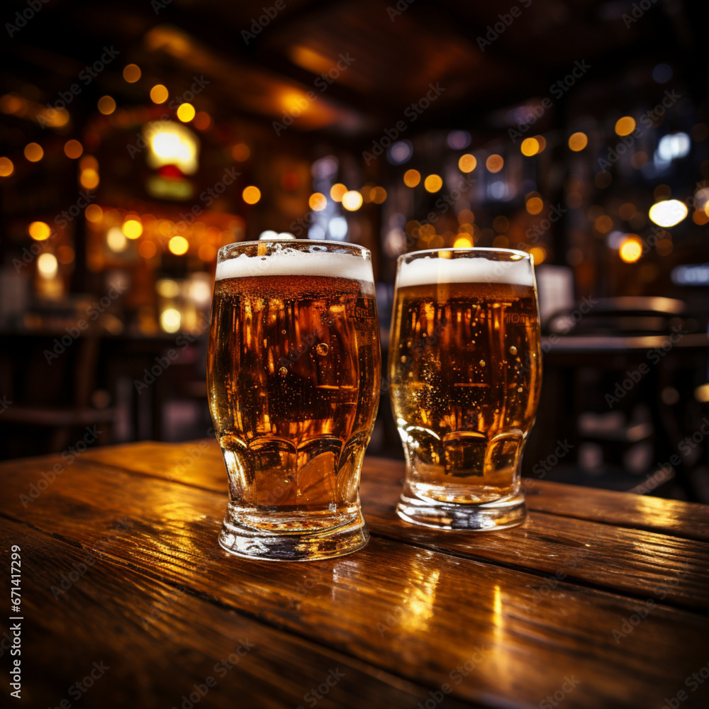 Two glasses of beer on a wooden table in a pub or bar,Generative AI