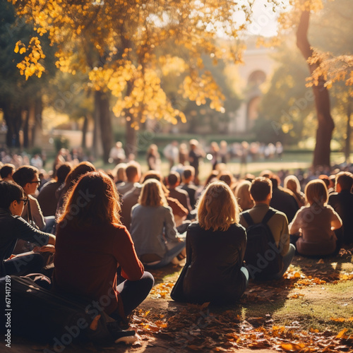 Group of people sitting on the ground in the autumn park and watching the sunset,Generative AI