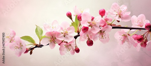 The blossoms of the crabapple tree are in full bloom during the springtime The branches close up reveal delicate flowers which have been enhanced with photo manipulation to create an artist photo