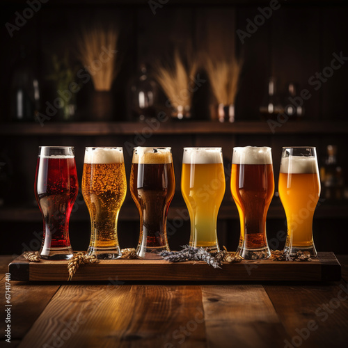 Glasses of different beer on a wooden background. Selective focus,Generative AI