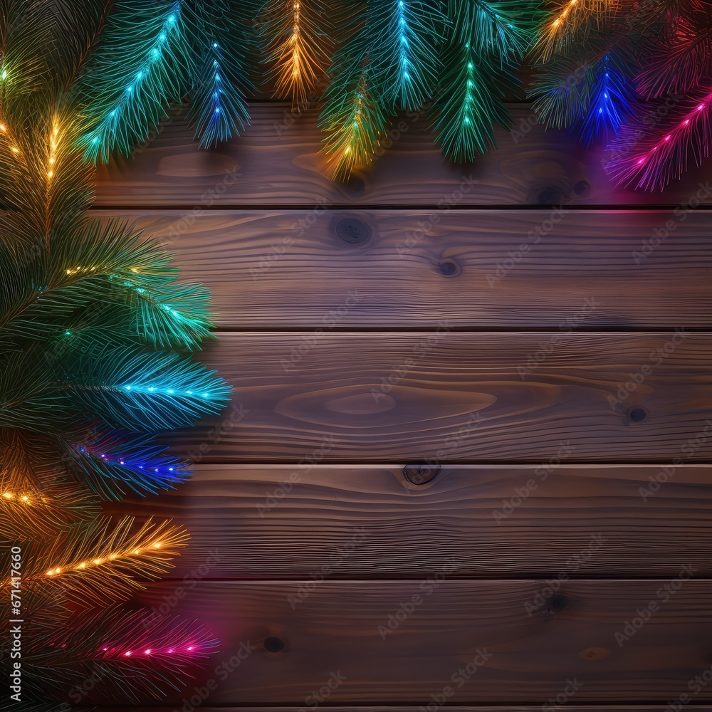 Pine Leaf and Colorful LED Lights, Top View with Empty Space for Text, ai generated Pine Leaf and Colorful LED Lights, Top View with Empty Space for Text, ai generated