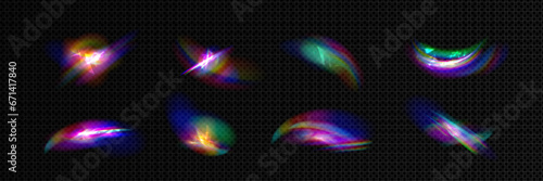 Light flare with Iridescent shining overlay effect. Realistic vector of holographic refraction of sun beams through glass or diamond. Rainbow spectrum impact of rays passing through prism or jewelry.