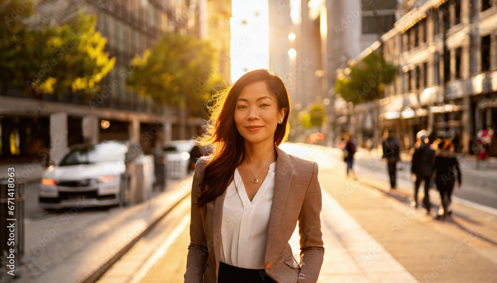 Beautiful entrepreneur businesswoman standing on the sidewalk in a city street