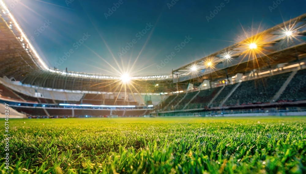 Lawn in the soccer stadium. Football stadium with lights. Grass close up in sports arena - background - obrazy, fototapety, plakaty 
